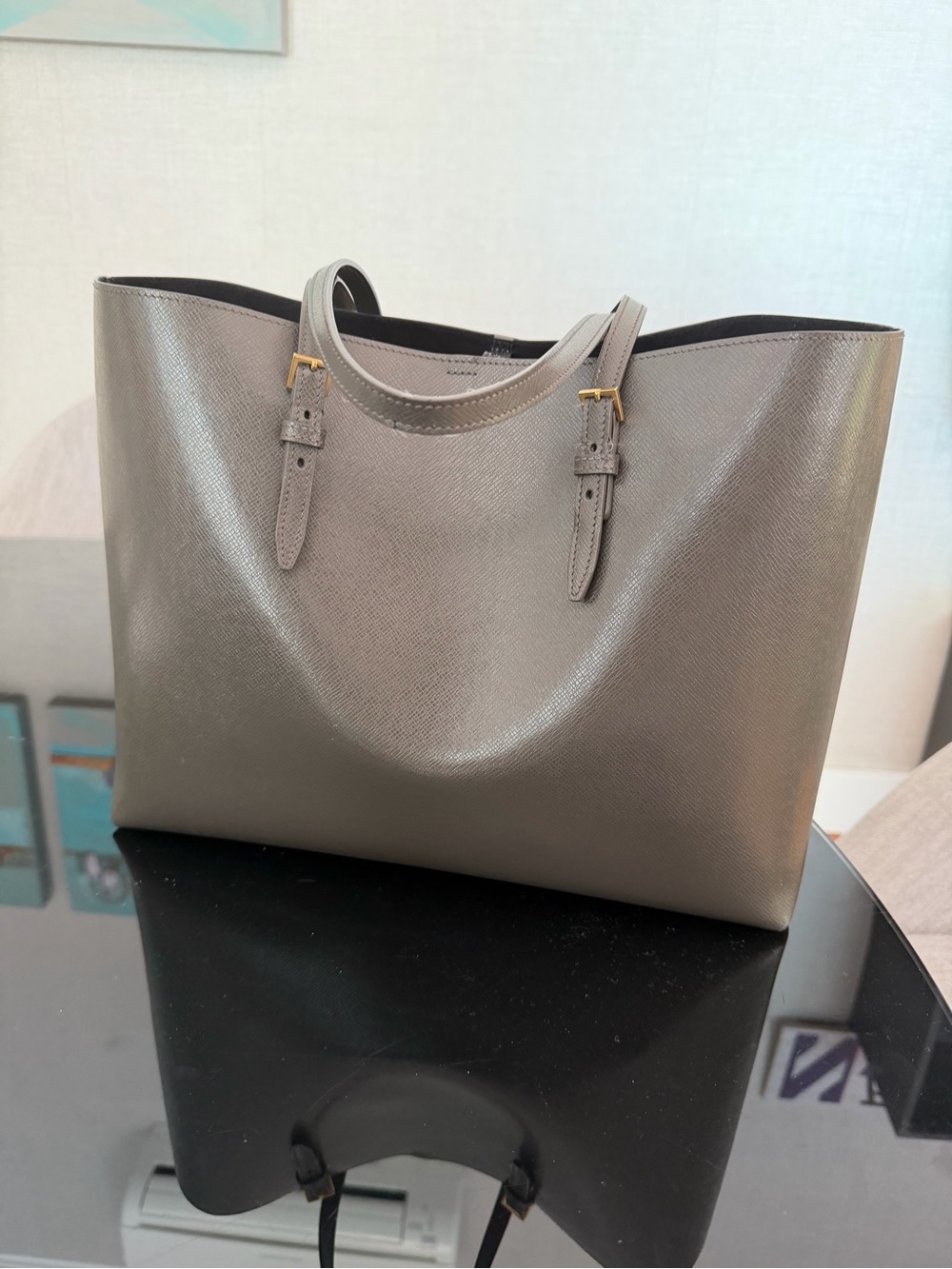 Yves Saint Laurent Taupe Leather Saffiano Tote with Gold Hardware